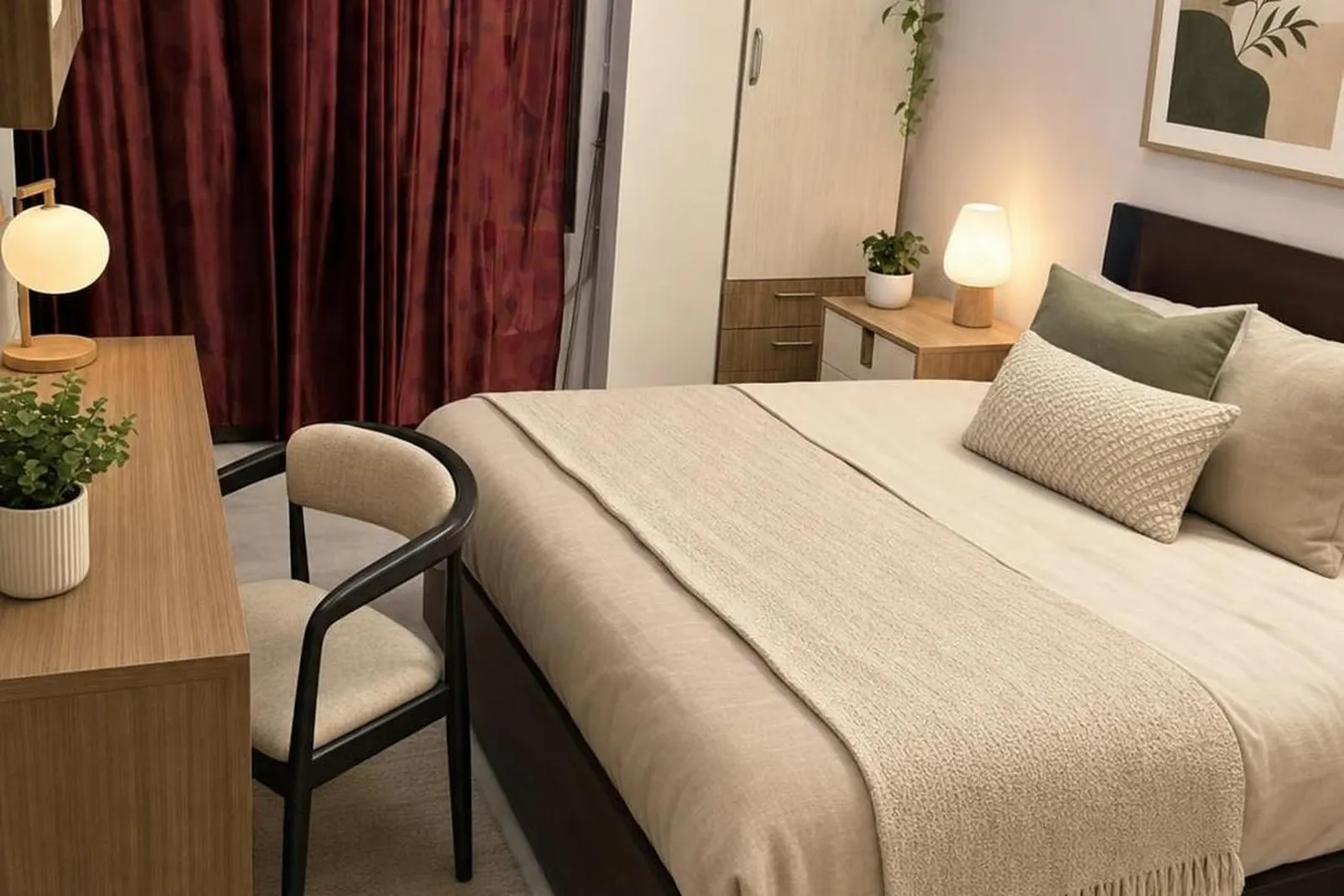 A bedroom photographed before staging, staged result in a calm neutral style