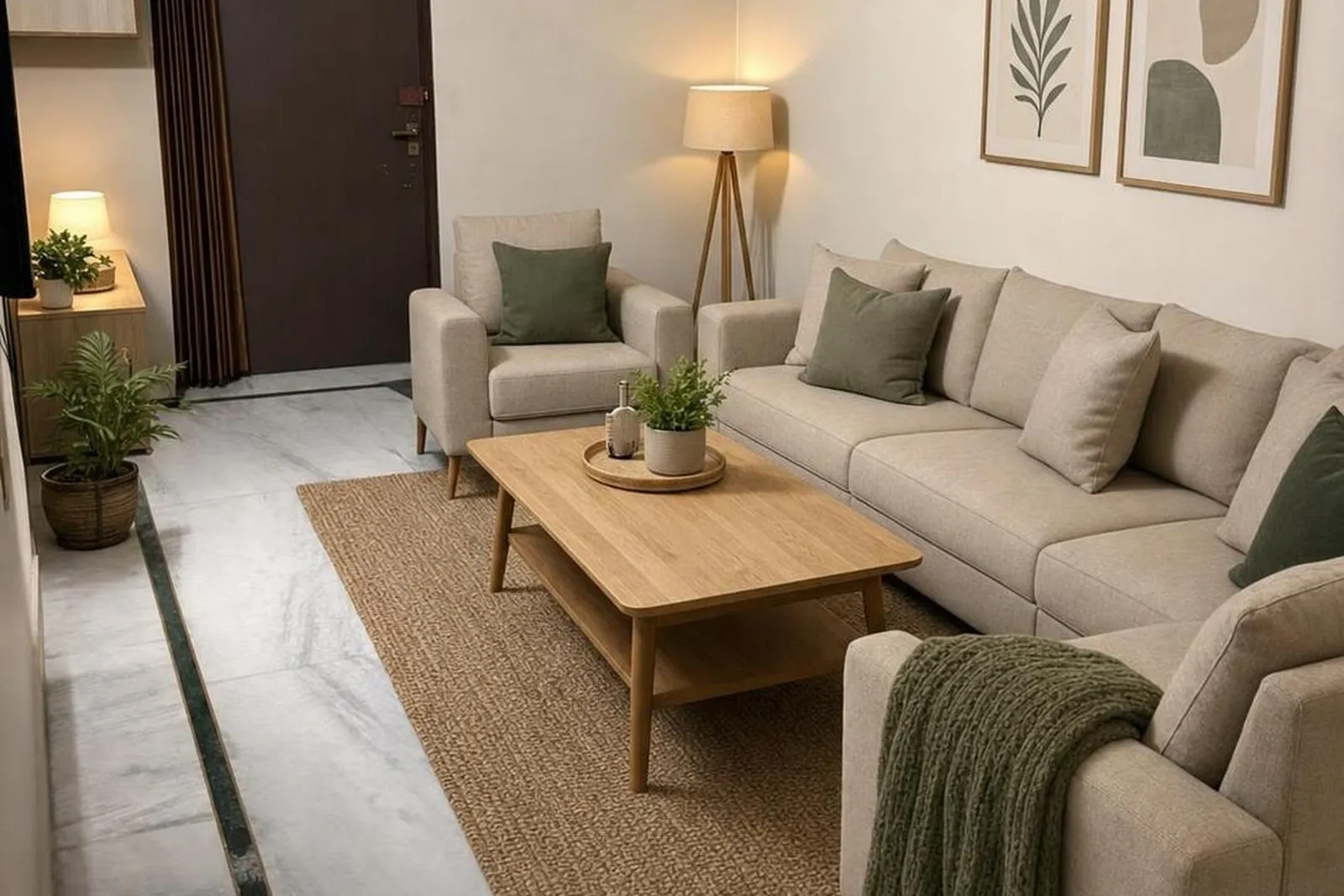 A furnished family living room restaged, staged result in a soft contemporary style