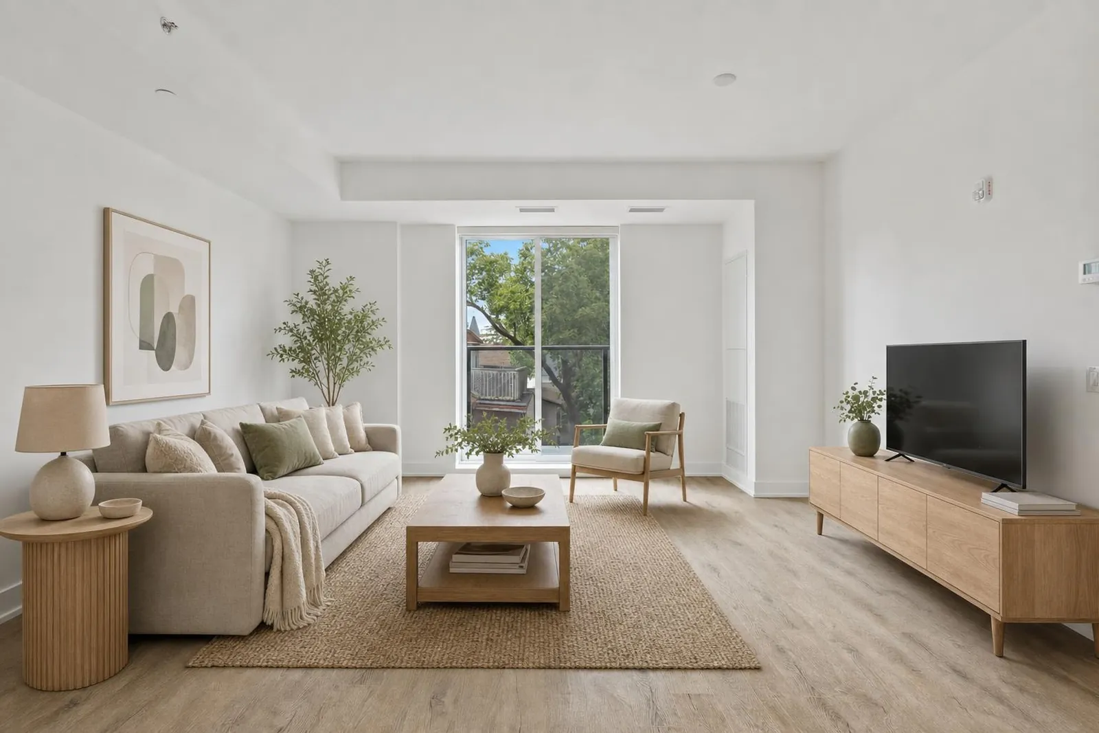 The same open-plan living room with a media wall, staged result in a modern style