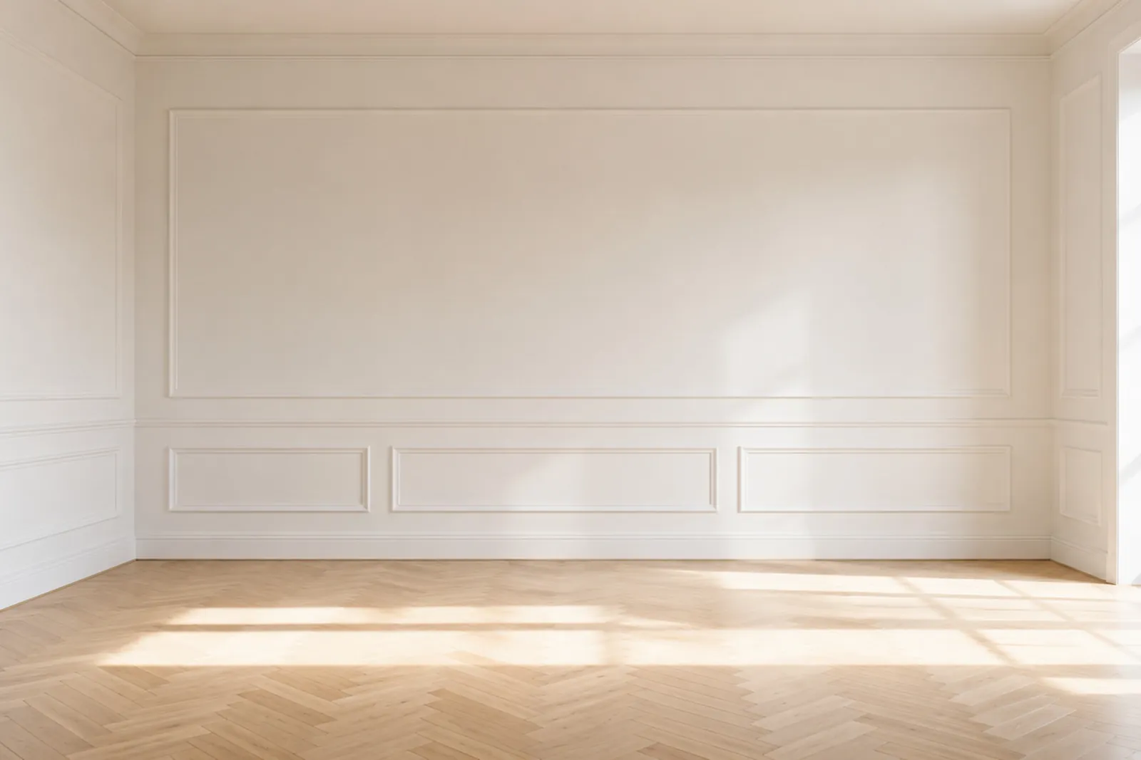 A bright living room with wall panelling and a herringbone floor, original photo before virtual staging