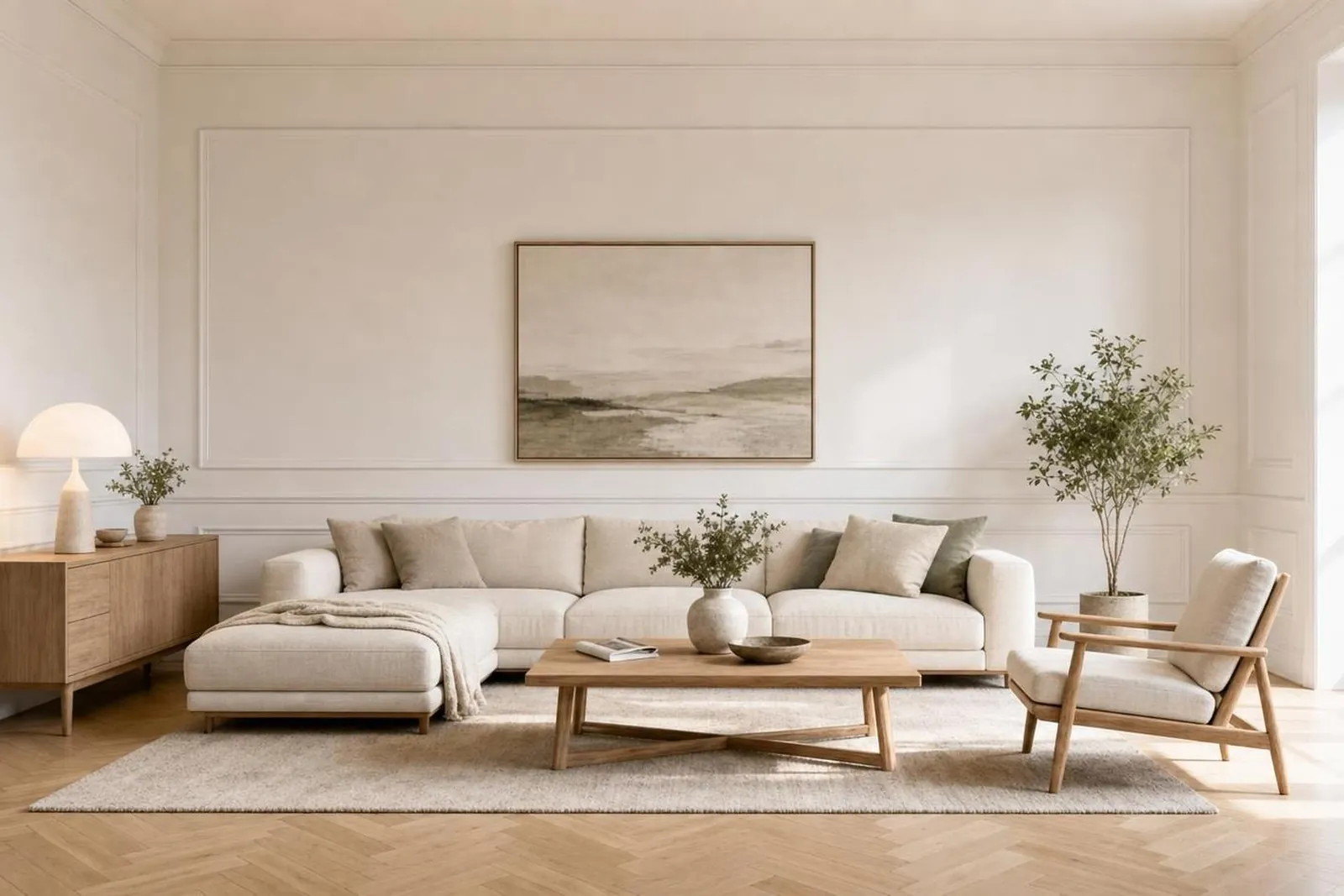 A bright living room with wall panelling and a herringbone floor, staged result in a warm minimal style