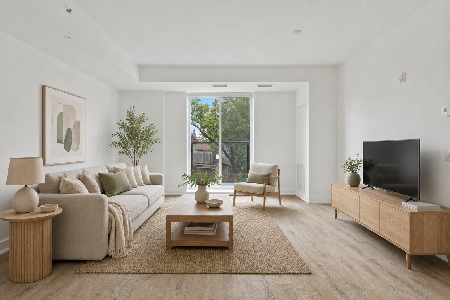 The same living room with a virtual staging preview